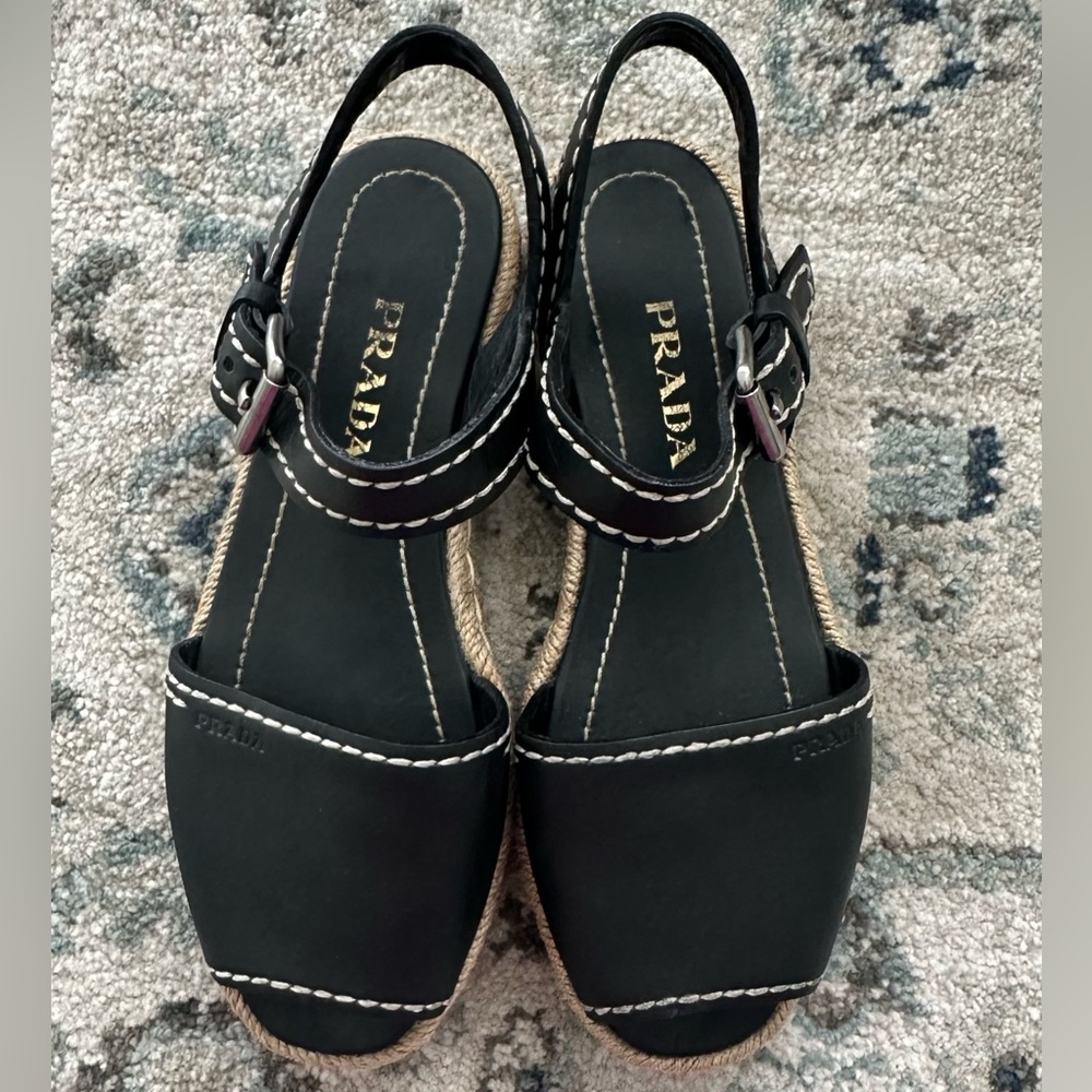 Prada Black Leather Espadrille Flat Sandal (Size 37 EU)